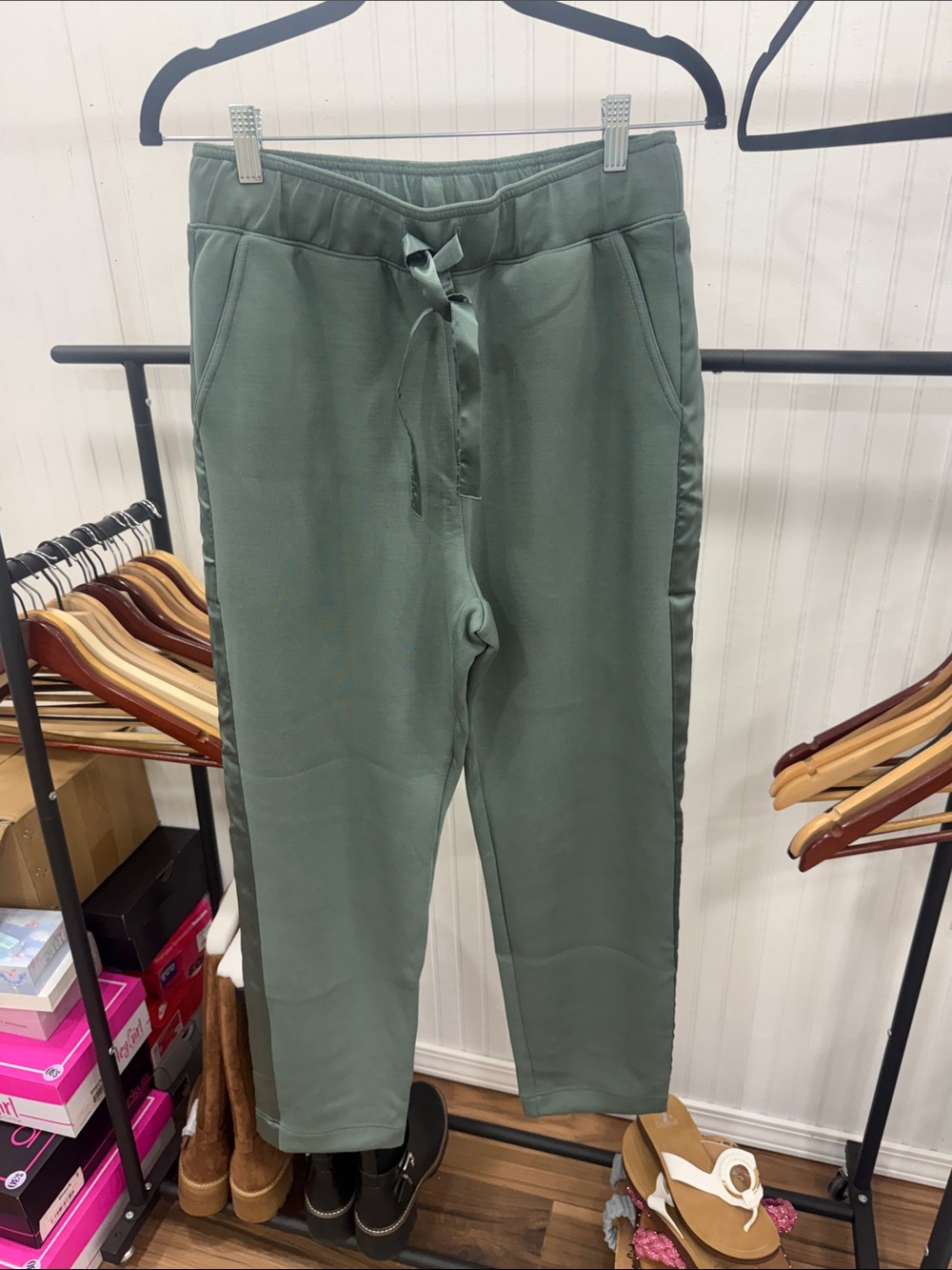 Women's Rae Mode Scuba knit Drawstring Track Pants in Sage Green Medium